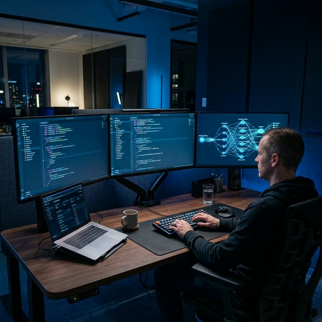 Estación de trabajo de ingeniería de software con monitores mostrando código y visualizaciones de datos